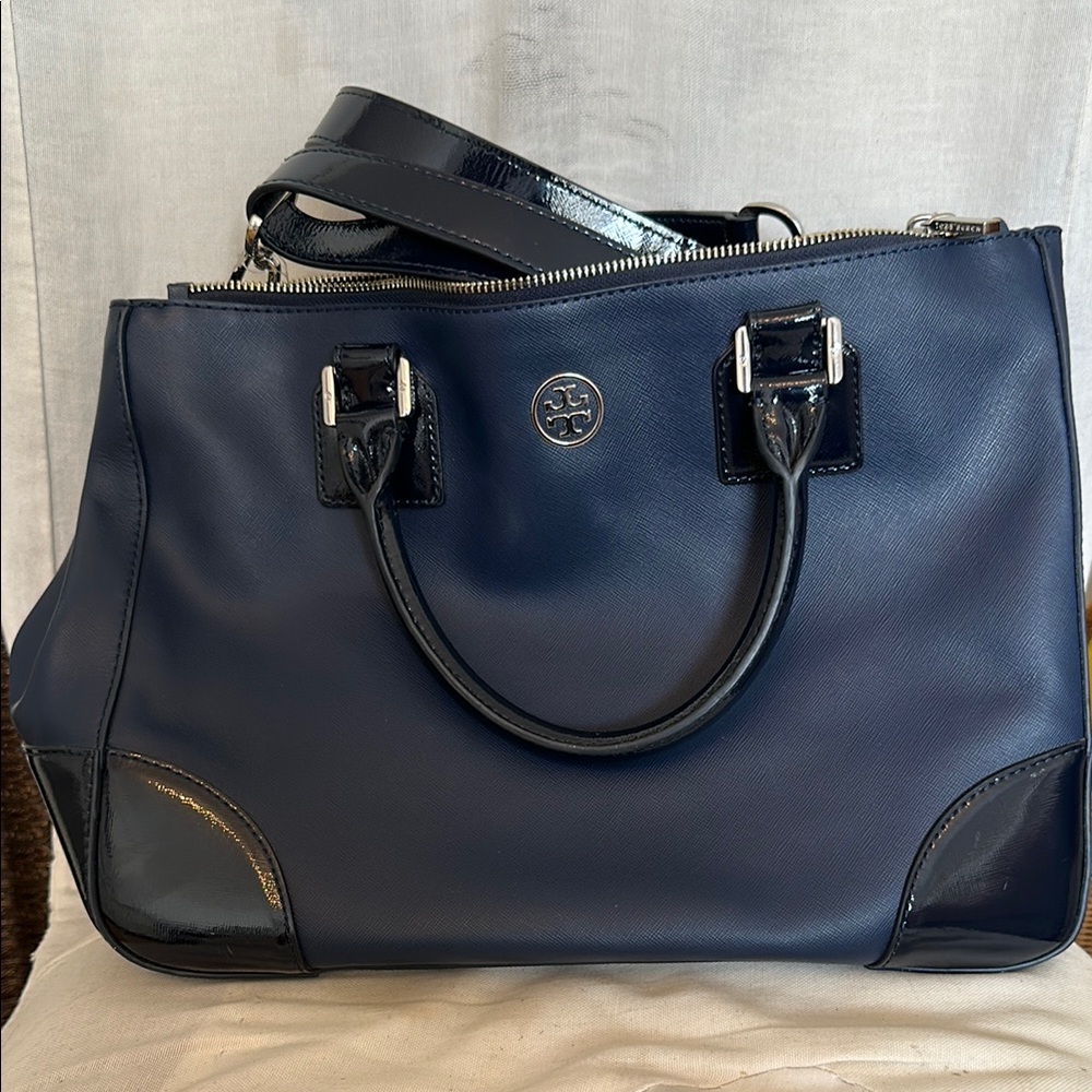 Tory Burch Robinson Double Zip Midnight Blue Leather Tote